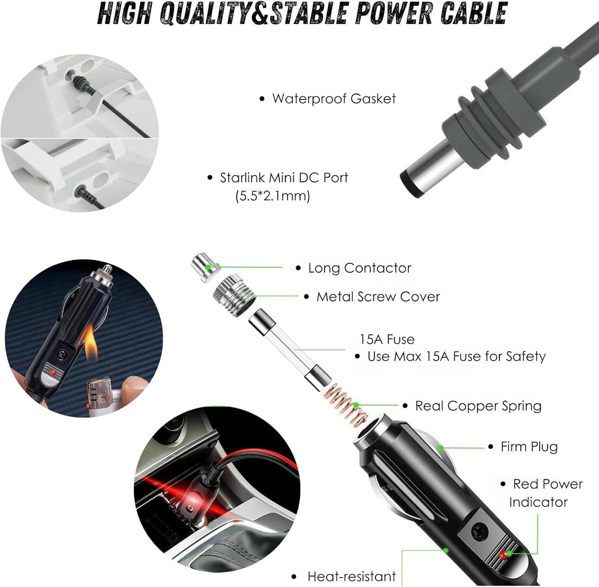 12V-24V Car Cigarette Lighter to DC Power Cable for Starlink Mini | 3M-10M